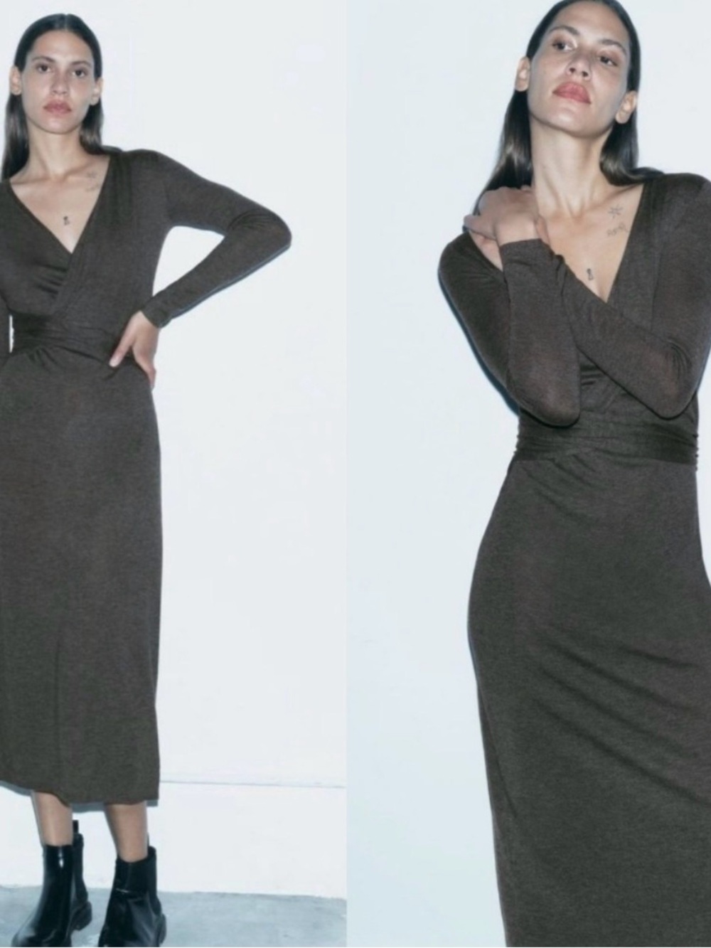 Zara Long Sleeve Wrap Midi Dress in Grey